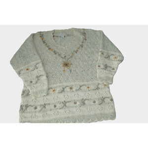 80s Express Tricot Hand Knitted Sweater Women’s MEDIUM Chunky Knit Floral Cable